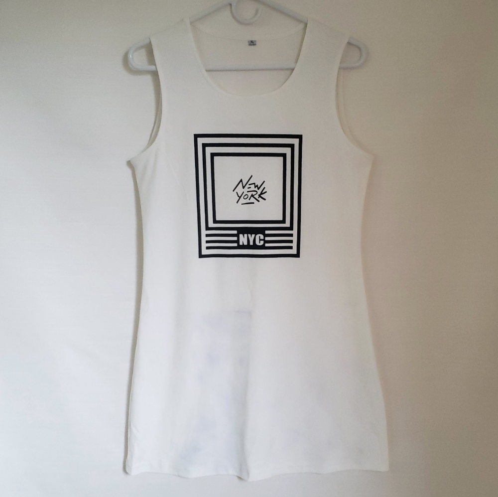 White Lightweight NYC Black Spellout Sporty Streetwear Graphic Tank Dress SMALL